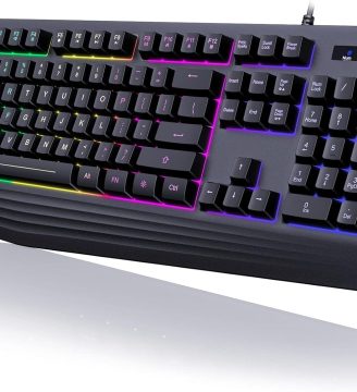 Gaming Keyboard, 7-Color Rainbow LED Backlit, 104 Keys Quiet Light Up Keyboard, Wrist Rest, Whisper Silent, Anti-ghosting Multimedia Keys, Waterproof USB Wired Keyboard for PC Mac Xbox